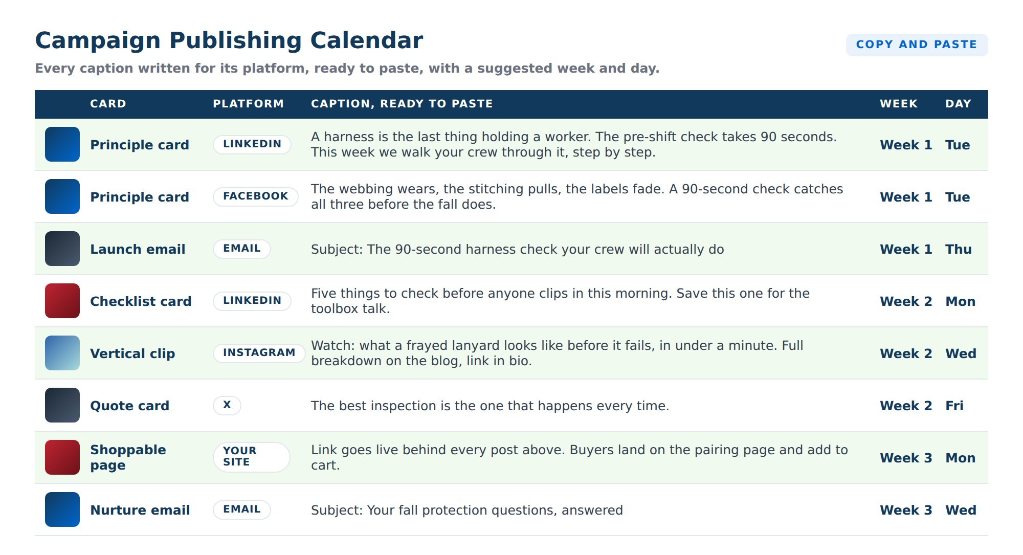 Copy-and-paste campaign publishing calendar with captions written per platform