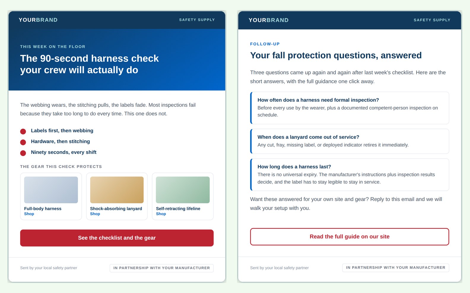 Two example emails: a promotional send and a nurture follow-up, both under the distributor's brand