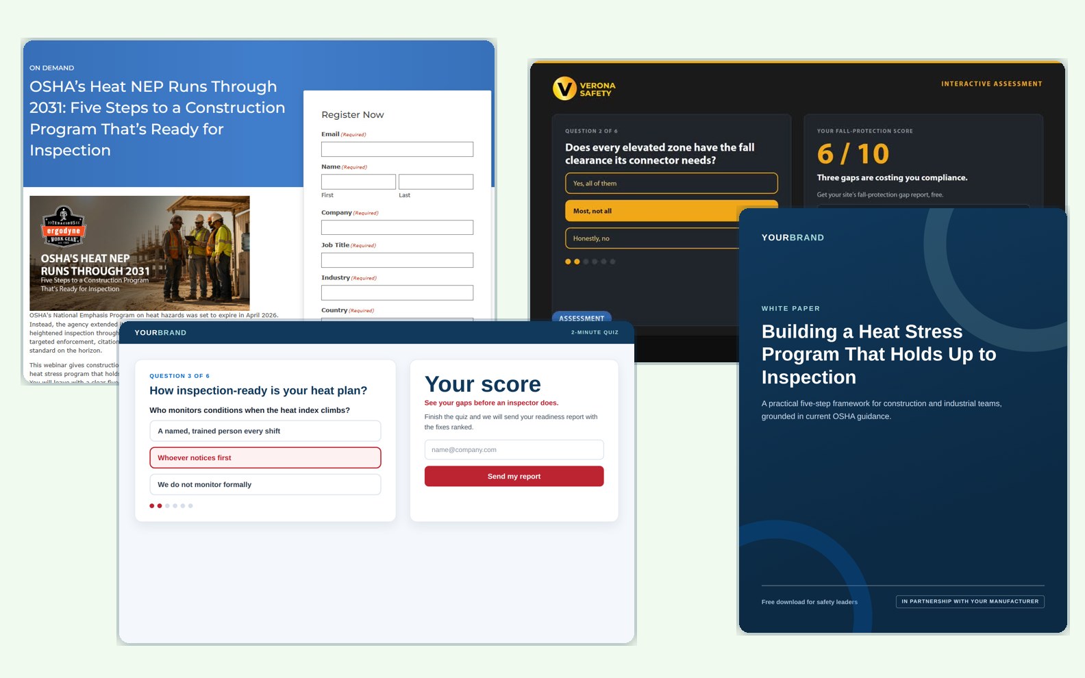 A webinar registration page, an interactive assessment, a white paper, and a quiz, all capturing leads for the distributor
