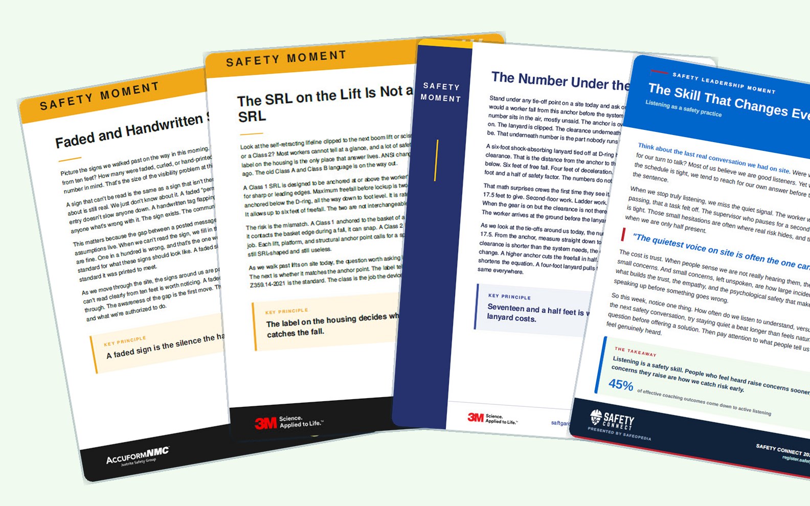 Four Safety Moment one-pagers from finished programs, fanned in an overlapping spread