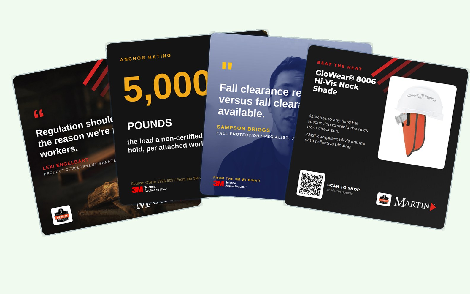 Four social cards from finished programs, fanned in an overlapping spread