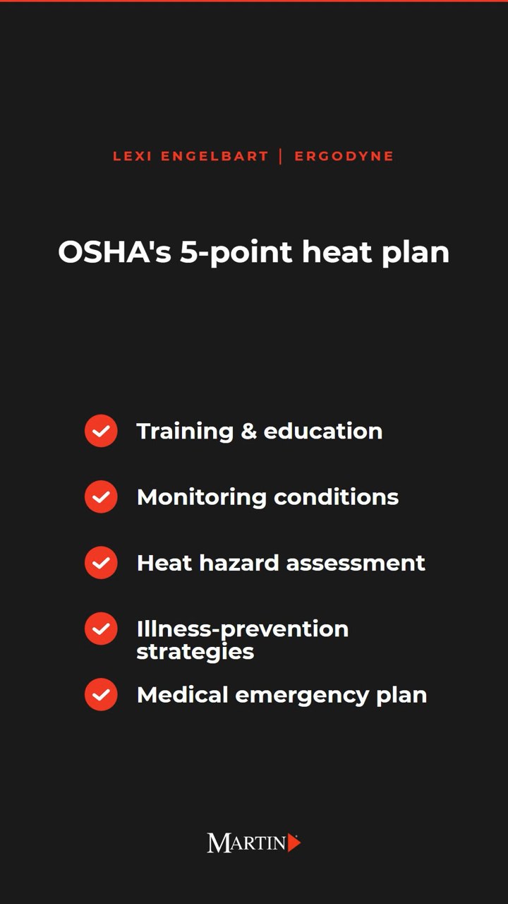 Vertical clip title card: OSHA's 5-point heat plan, distributor brand leading with manufacturer credit