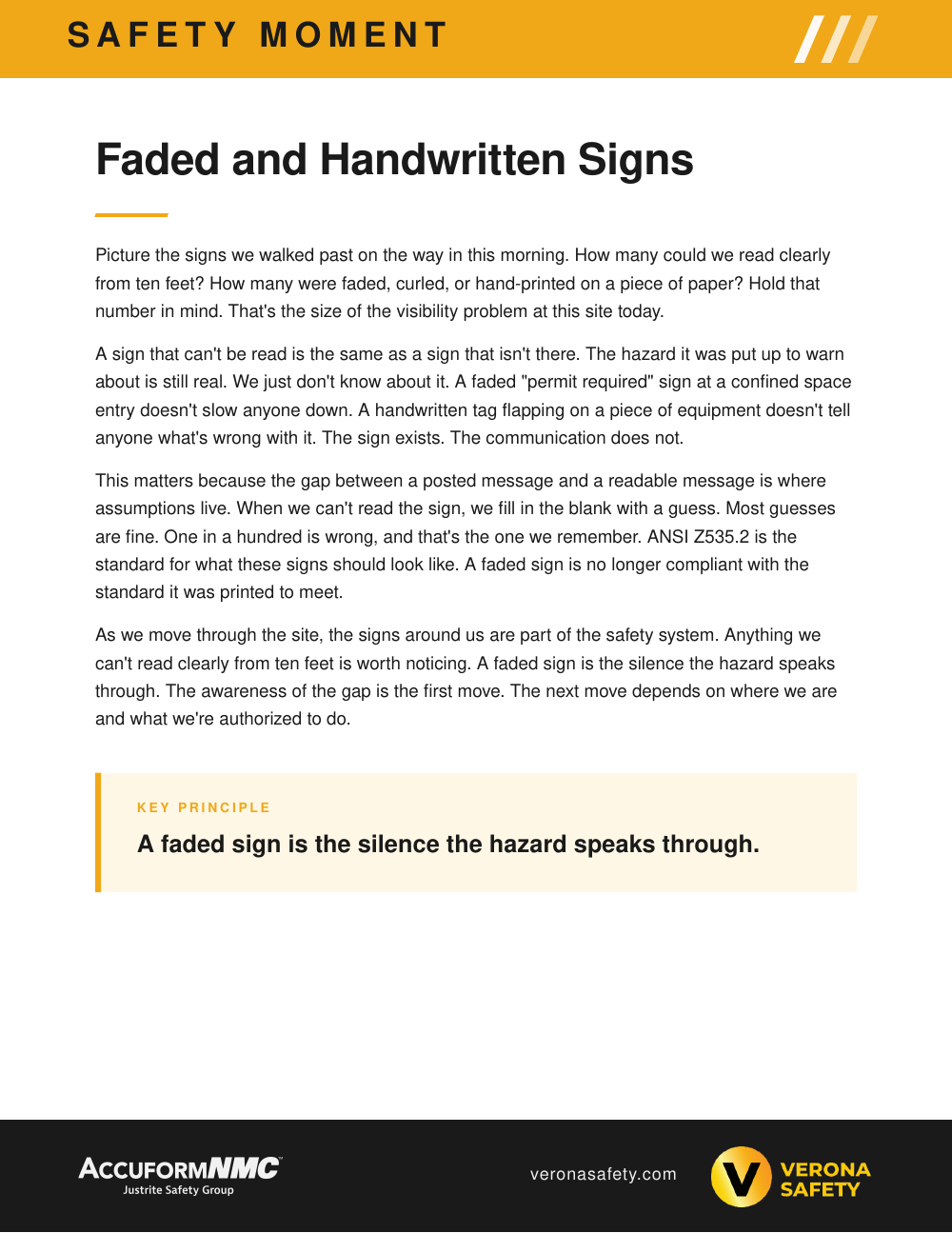 Verona Safety and AccuformNMC Safety Moment one-pager